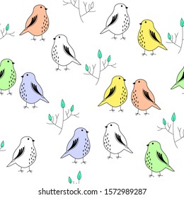Cute seamless pattern with colourful birds and branches on white background. Funny characters for wrapping paper, fabric. Cartoon childish design