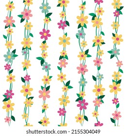 Cute seamless pattern with colourful flowers and green leaves on a white background. Branches and blossoms. Vector illustration in flat cartoon style.
