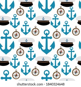 Cute seamless pattern with compass, anchor and peaked cap on a white background. Marine items in a flat style.
Stock vector illustration for decor and design, textiles,
wallpaper, wrapping paper