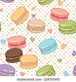 Cute seamless pattern for confectionery. Color macaroons and hearts