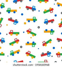 Cute seamless pattern consisting of colorful children s truck toys in red blue green and orange colors. Vector.