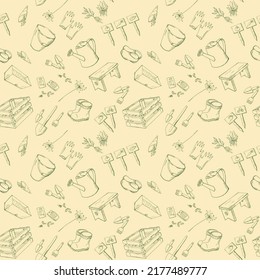 Patrón perfecto con herramienta de jardín de esbozo de contorno, lata de riego, bota, pala, semilla. Una textura elegante e interminable con un elemento de arte de la línea dibujada a mano verde sobre fondo beige. Ilustración vectorial.