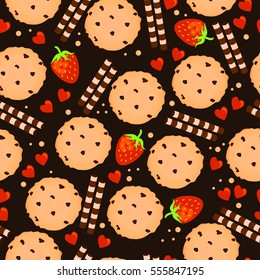 Cute seamless pattern with cookie, strawberry, hearts and chocolate roll. 