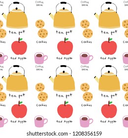 Cute seamless pattern cooking, apple and coffee and tea pot and cookies vector.