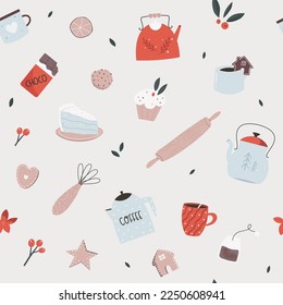 Cute seamless pattern with cooking items - rolling pin, kettle, cake, cookies, cup of tea, muffin. Design for greeting cards, gift boxes, wallpaper, wrapping paper.