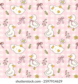 Cute Seamless Pattern Coquette Spring White Duck with Pink Ribbon Bow Girly Cartoon wallpaper