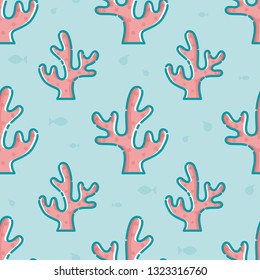 Cute seamless pattern with corals and fish. Aquamarine background. Linear style illustration. Vector.