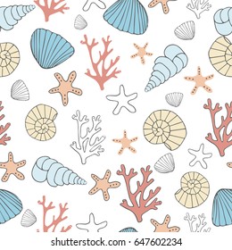 Cute seamless pattern with corals, seashells and sea stars. Vector illustration. Hand drawn