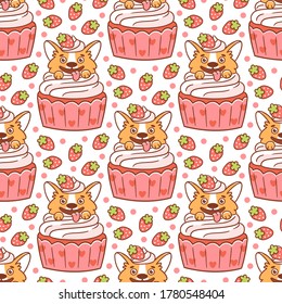 Cute seamless pattern with corgi dog in a cupcake, decorated with strawberries, on a white background. It can be used for packaging, wrapping paper, textile, home decor etc. 