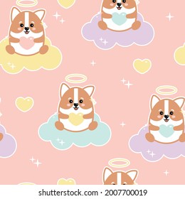 Cute seamless pattern with corgi. Cute dogs on the clouds, stars, hearts. Childrens vector background. Printing on fabric, wrapping paper, wallpaper, textiles, poster.
