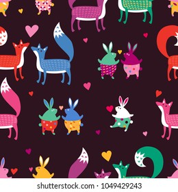 Cute seamless pattern. Couples in love. Rabbits and foxes are walking and dancing. Evening date. Happy Valentine's Day