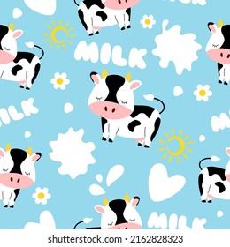 Cute seamless pattern with Cow, Milk splash, Drops, Chamomile and Sun on a blue background. Vector illustration.