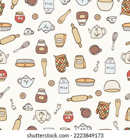 Cute seamless pattern with cozy items pie, teapot, jam. For home and kitchen textile, decoration, towel print, cover of cooking book, packaging design, template labels, gift and wrapping paper.