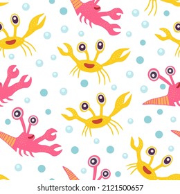 Cute seamless pattern with crabs.Cartoon doodle print with happy sea creatures for children and nursery textile and decor.