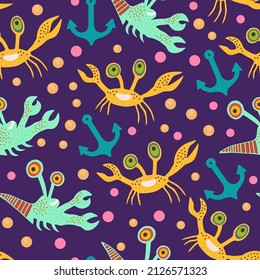 Cute seamless pattern with crabs.Cartoon doodle print with happy sea creatures for children and nursery textile and decor.