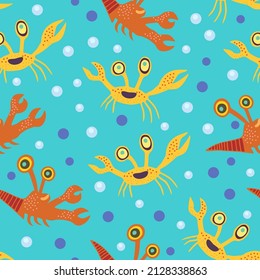 Cute seamless pattern with crabs.Cartoon doodle print with happy sea creatures for children and nursery textile and decor.