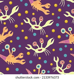 Cute seamless pattern with crabs.Cartoon doodle print with happy sea creatures for children and nursery textile and decor.