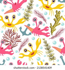 Cute seamless pattern with crabs.Cartoon doodle print with happy sea creatures for children and nursery textile and decor.