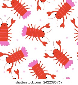 Cute seamless pattern with crayfish and hearts. Happy Valentine's Day print. Vector hand drawn illustration.