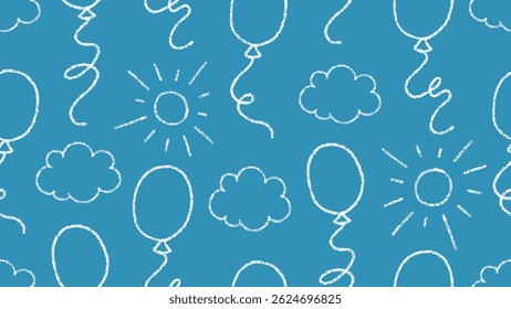 Padrão perfeito bonito com balões de giz de cera, nuvens e sol no céu azul. Fundo abstrato do clima de verão, aniversário infantil ou festa com balões voando no céu, ilustração vetorial