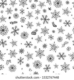 cute seamless pattern created from hand drawn snowflakes on white background. Perfect for wrapping paper, textile prints, wallpaper, scrapbooking, cloth, product packaging, etc.