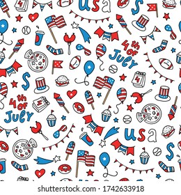 cute seamless pattern created from hand drawn doodles for American independence day, 4th of July. Wallpaper,, wrapping paper, scrapbooking, stationery, textile print design. EPS 10