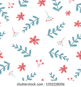 Cute seamless pattern with creative chamomile flower and decorative elements in scandinavian style. Trendy colors. Gentle floral background for print, brochure, creative poster, summer, spring. Vector