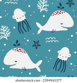 Cute seamless pattern with creative and colorful whales octopus. 