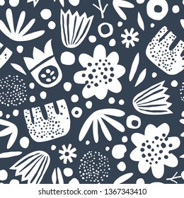 Cute seamless pattern with creative decorative flowers in scandinavian style. Great for textile, fabric, wrapper and wallpaper. Vector illustration.