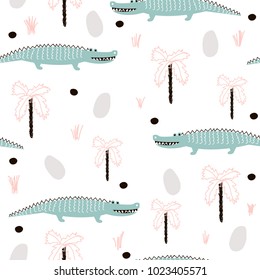 Cute seamless pattern with crocodile, eggs and palm tree. Vector hand drawn illustration.