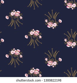 Cute seamless pattern with crown. Hand drawn vector sketch. Gold and pink vintage watercolor illustration on blue background. Baby shower design.