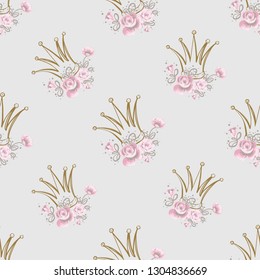 Cute seamless pattern with crown. Hand drawn vector sketch. Gold and pink vintage watercolor illustration on white background. Baby shower design.