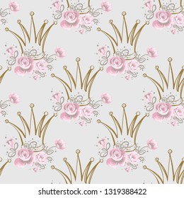 Cute seamless pattern with crown. Hand drawn vector sketch. Gold and pink vintage watercolor illustration on white background. Baby shower design.