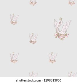 Cute seamless pattern with crowned princess swan. Gold and pink vintage watercolor illustration on white background. Baby fashion design for little newborn princess.
