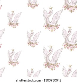 Cute seamless pattern with crowned princess swan. Gold and pink vintage watercolor illustration on white background. Baby fashion design for little newborn princess.