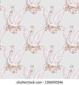 Cute seamless pattern with crowned princess swan. Gold and pink vintage watercolor illustration on white background. Baby fashion design for little newborn princess.