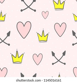 Cute seamless pattern with crowns, hearts, crossed arrows and round dots. Endless girlish print. Girly vector illustration. Pink, white, yellow, black.