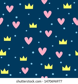Cute seamless pattern with crowns, hearts and round spots. Nice vector illustration.