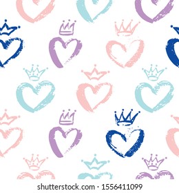 Cute Seamless Pattern of Crowns and Hearts. Vector Hand drawn colorful Baby Princess and Prince crown, heart for kids nursery, child decor print, scrapbooking. Simple linear doodle on white background