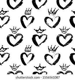 Cute Seamless Pattern of Crowns and Hearts. Vector Hand drawn repeated Baby Princess and Prince crown, heart for kids nursery, child decor print, scrapbooking. Simple linear doodle on white background