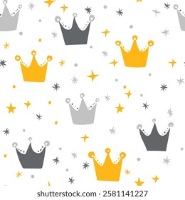 Cute seamless pattern with crowns and stars. Simple vector illustration for kids