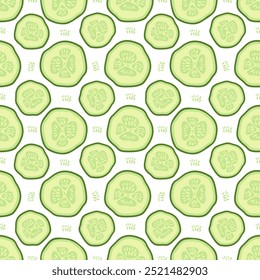 Cute seamless pattern with cucumbers. A slice of green cucumber on a white background.