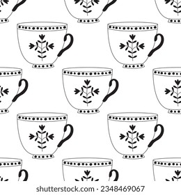 Cute  seamless pattern with cup of coffee illustrations on white background. Autumn and winter mood. Home decorations isolated on white background. Scandinavian style