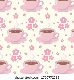 Lindo patrón sin fisuras con taza de té y flores. Ilustración vectorial colorida de la hora del té.