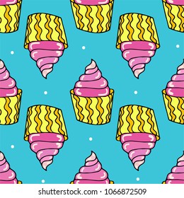 Cute seamless pattern with cupcake. Hand-drawn vector sweets in doodle style. Print for textile, banners, label and flyer