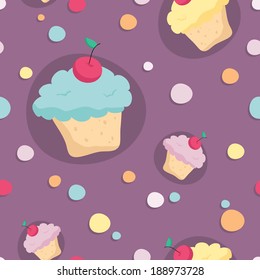 Cute seamless pattern with cupcakes and circles on purple background