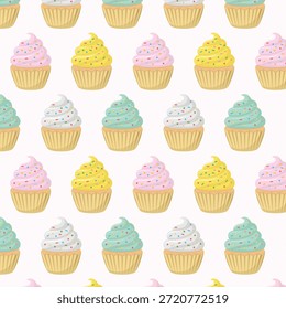 Nettes, nahtloses Muster mit Cupcakes. Farbige Süßigkeiten, Vektorgrafik.