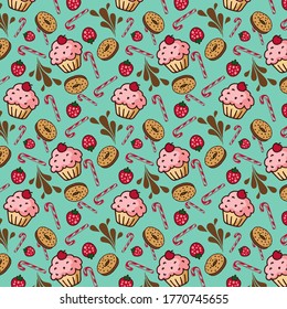 Cute seamless pattern with cupcakes and donuts. Doughnuts pattern with cupcakes. Vector Illustration.