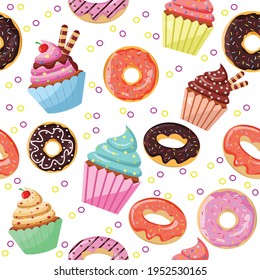 Cute seamless pattern with cupcakes and donuts. Doughnuts pattern with cupcakes. Vector Illustration.