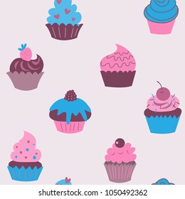 Cute seamless pattern of cupcakes with a flowers